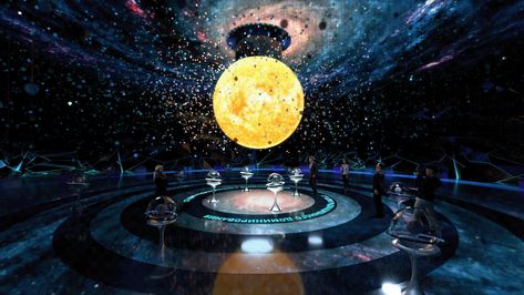 Energy museum. "Hall of big bang" cosmic energy on Behance Galaxy Interior Design, Astronomy Exhibition, Observatory Aesthetic, Cosmic Architecture, Astronomy Museum, Space Exhibition, Universe Design, Concert Stage Design, Interactive Museum