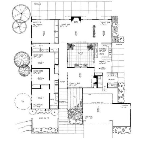 This 2495 square feet contemporary style 4 bedroom, 2 bath with 2 garage stalls falls in the 2000-3000 square feet range. Atrium House, Mid Century Modern House Plans, Modern Courtyard, Modern Floor Plans, Courtyard House Plans, Home Design Floor Plans, Vintage House Plans, Contemporary Style Homes, Sims House Plans