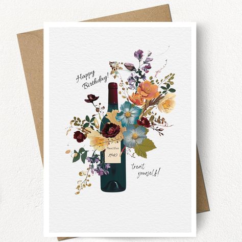 Wine Bottle Birthday  Card, Flower Card, Wine Birthday, Gift for Her, Gift for Wife Wine Birthday Cards, Birthday Wine Bottles, Wine Birthday, Monogrammed Napkins, Birthday Wine, Embroidered Napkins, Happy Birthday Greeting Card, Flower Card, Floral Letters