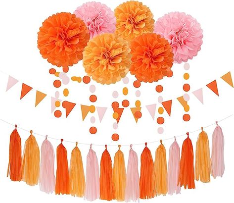 Pink Orange Party, Orange Party Decorations, Tissue Pom Poms, Orange Party, Tassel Garland, Pom Poms, Bridal Shower, Party Decorations, Thanksgiving