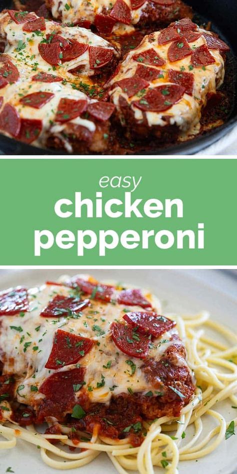 This Chicken Pepperoni is chicken parmesan with a twist! Chicken breasts are cooked until crispy, then topped with a simple tomato sauce, cheese, and lots of pepperoni. This is an easy weeknight meal that kids and parents both approve of. Chicken Pepperoni, Pepperoni Chicken, Simple Tomato Sauce, Asian Steak Bites, Pepperoni Recipes, Easy Tomato Sauce, Easy Peasy Recipes, Tasty Meat, Delish Recipes