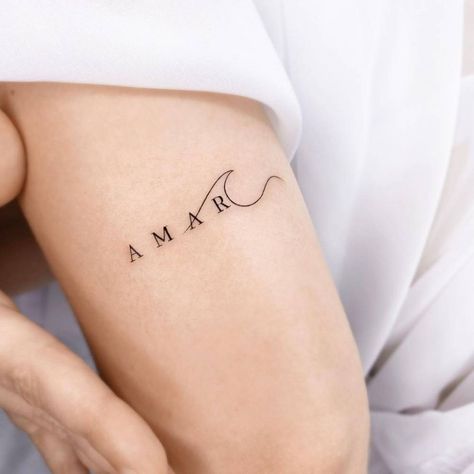 Wave Name Tattoo, Wave Tattoo With Words, Wave Quote Tattoo, Waves With Words Tattoo, Wave With Name Tattoo, Wave Writing Tattoo, Wave Tattoo With Name, Amar Name Tattoo, Mini Wave Tattoo