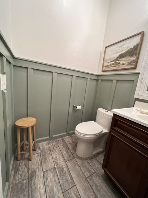 Olive Green Board And Batten Bathroom, Sage Green Bathroom Board And Batten, Board And Batten Evergreen Fog, Sage Green Board And Batten Wall Bathroom, Board And Batten Wall Half Bathroom, Restroom Board And Batten, Board And Batten Wall Half Bath, Evergreen Fog Board And Batten Wall, Board And Batten 1/2 Wall