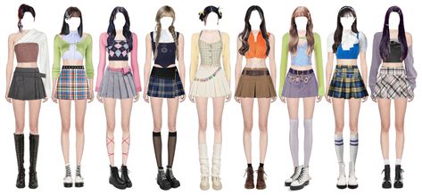 9 Members Outfits, Ppl Outfits, Low Rise Outfit, Preppy Trends, Son Naeun, Outfit Preppy, Kpop Fits, Outfit Kpop, Performance Outfits