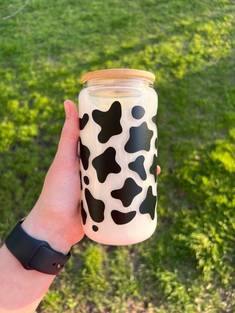 16 oz snowglobe glass with cow print and milk Cow Print Glass Cup, Fluffy Cows, Cute Coffee Cups, Coffee Cup Design, Glass Tea Cups, Glass Coffee Cups, Milk Cow, Aesthetic Coffee, Cute Cups