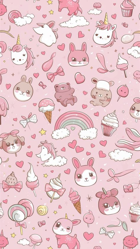 Immerse yourself in an enchanting and whimsical world with our 'Dreamy Pastel Wonderland' wallpaper. Delicately crafted with a soft pastel pink background, this design radiates a sweet and playful atmosphere. Adorned with delightful elements like sparkling-eyed unicorns, fluffy clouds, sprinkles of tiny hearts, and cheerful rainbows, it’s a scene straight out of a fairy tale. Meet the cute, rosy-cheeked animals—bunnies, kittens, and teddy bears—each adding to the charm with their big, glittering eyes. Enhance your phone or desktop with lovely details like ice cream cones, cupcakes, and bow-tied lollipops, perfectly balancing various shades of pink with white and pastel accents. It's the perfect digital escape to a harmonious, light, and joyous wonderland. Unicorn Wallpaper Ipad, Cupcake Wallpaper, Kawaii Dreamy Wallpaper, Pink Unicorn Wallpaper, Wallpaper Fofo, Unicorn Theme Wallpaper, Wonderland Wallpaper, Cupcakes Wallpaper, Unicorn Peel And Stick Wallpaper