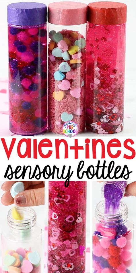 Sensory Valentines, Sensory Bottles Preschool, Valentine Sensory, Pocket Of Preschool, Preschool Sensory, February Crafts, Valentinstag Party, Valentine's Day Crafts For Kids, Preschool Valentines