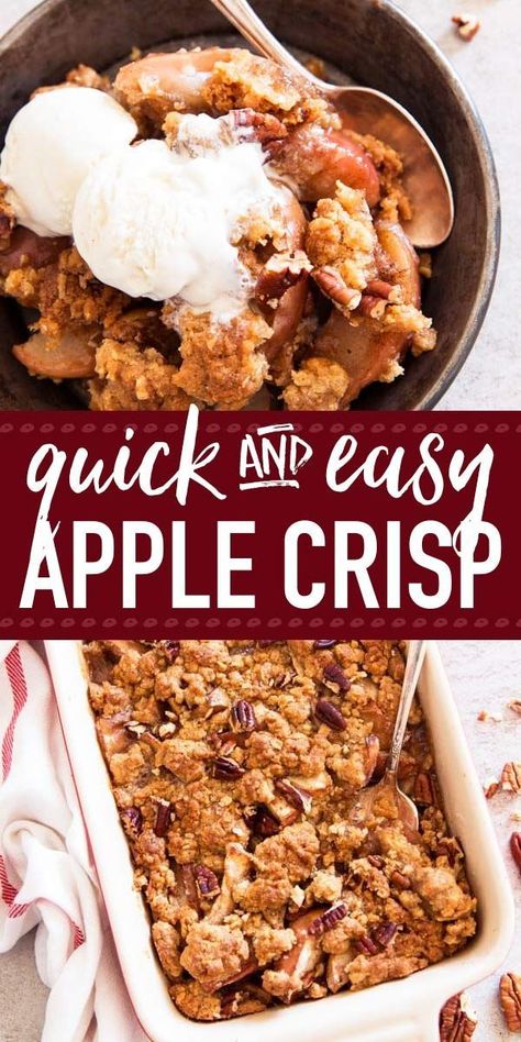 If you want to make the best quick apple crisp - your search is over. This easy recipe is absolutely foolproof and so scrumptious! The simple topping is made with butter, sugar, flour and oatmeal. The apple filling is spiced up with cinnamon and bakes up Quick Apple Crisp, Sugar Free Apple Crisp, Apple Crisp Without Oats, Apple Crisp Dessert, Best Apple Crisp Recipe, Easy Apple Crisp, Crisp Desserts, Healthy Apple Crisp, Best Apple Crisp