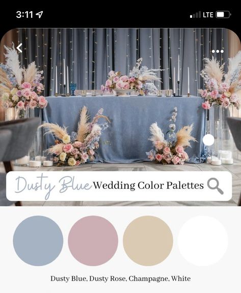 Dusty Blue Accent Colors, Champagne And Dusty Blue Wedding Color Palettes, Sage Dusty Blue Mauve Rose Gold Wedding, Blue And Nude Wedding, Champagne Wedding Themes, Rose Gold Color Palette, Champagne Gold Wedding, Moodboard Wedding, Blush Wedding Theme