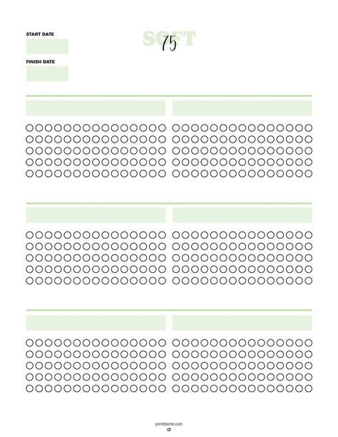 75 Soft Challenge printable tracker with rows of circular checkboxes and sections for start and finish dates. 75 Soft Free Printable, 75 Soft Challenge Tracker Free Download, 75 Hard Printable, 75 Day Soft Challenge, 75 Day Challenge, 75 Soft Challenge Tracker, 75 Soft Challenge, Soft Challenge, 75 Hard Challenge