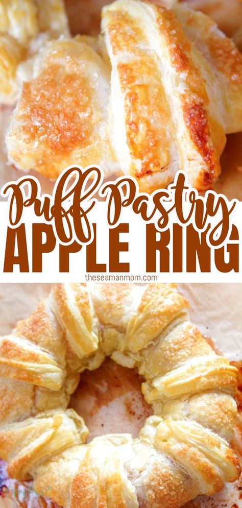 Try this apple puff pastry ring for an amazing fall dessert or breakfast idea! It’s so delicious, you wont believe how quick this comes together! #easypeasycreativeideas #apple #pastry Apple Puff Pastry Doughnut, Carmel Apple Puff Pastry Doughnut, Apple Recipe With Puff Pastry, Phylo Pastry Recipes Apple, Apple Rings Puff Pastry, Apple And Pastry Puff, Apple Rings Wrapped In Puff Pastry, Baked Apples In Puff Pastry, Apple Pie Bites Puff Pastry