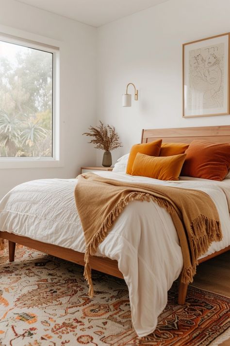 Create a colorful, perfect mid-century modern bedroom using these tips and ideas. Bedroom Mid Century Modern Boho, Mid Century Modern Apartment Bedroom, Boho Midcentury Modern Bedroom, Colorful Guest Bedroom, Mid Century Boho Bedroom, Mid Century Modern Apartment, Retro Scandinavian, Modern Coastal Decor, Modern Style Bedroom