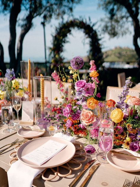 This Whimsical And Colorful California Wedding Will Leave You With A Smile On Your Face – Style Me Pretty Whimsical Wedding Flowers, Flower Table, Sunset Wedding, Wildflower Wedding, Whimsical Wedding, Bridal Shoot, Wedding Table Settings, Wedding Tablescapes, Wild Flower