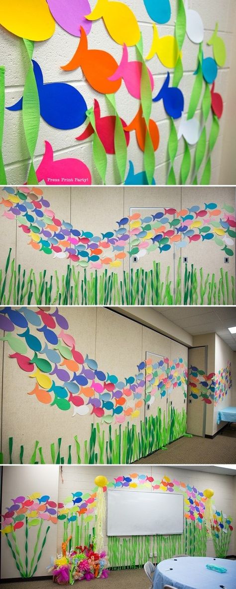 Ocean Commotion Vbs, Ocean Commotion, Ocean Classroom, Nemo Party, Under The Sea Decorations, Ocean Theme Classroom, Paper Fish, Fish Template, Stunning Flowers