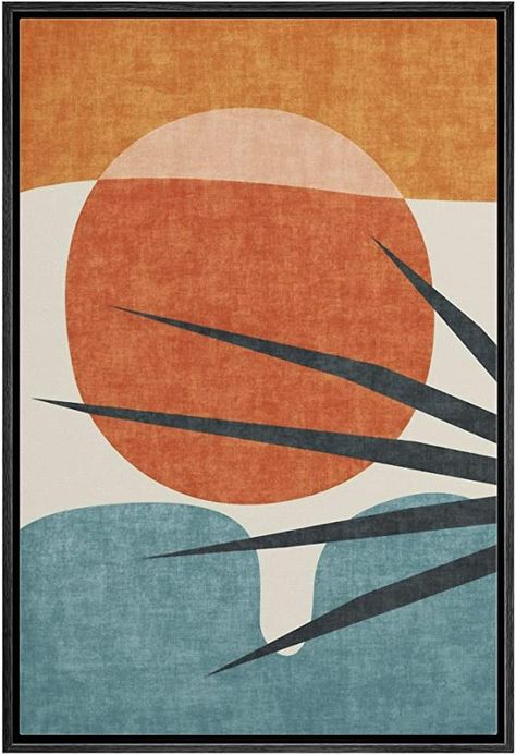 Modern Beach Art, Blue Palm Tree, Modern Boho Decor, Abstract Color, Red Sun, Framed Abstract, Wall Art Abstract, Mid Century Art, Affordable Wall Art