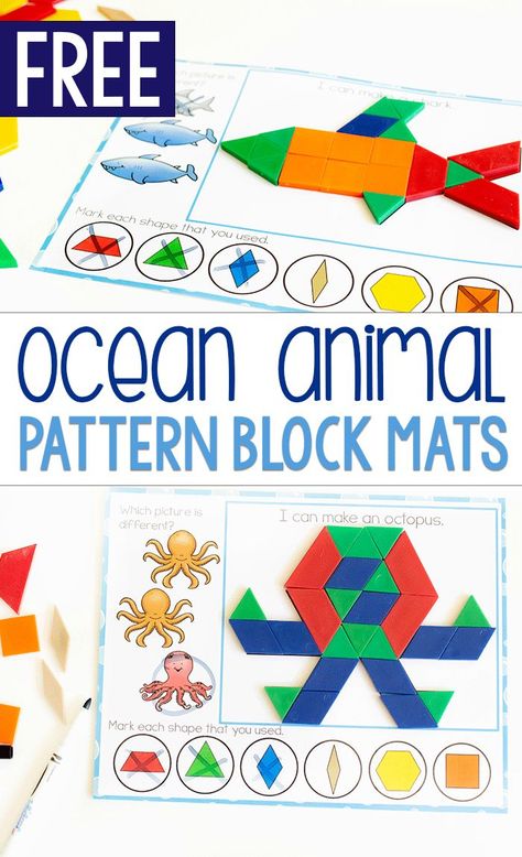 Free printable zoo animal pattern block activity for preschoolers. Grab these free printable pattern block mats for preschool zoo animal themes. #patternblock #freeprintable #zooanimals #zootheme #prek #kindergarten #lifeovercs #finemotor #occupationaltherapy Animal Activity For Kindergarten, Puffer Fish Craft Preschool, Ocean Inquiry Kindergarten, Ocean Playdough Mats Free Printable, Commotion In The Ocean Activities, Preschool Ocean Crafts, Ocean Centers, Aba Classroom, Ocean Animals Preschool