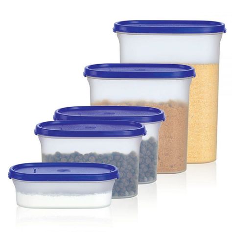 Modular Mates® Oval 5-Pc. Set/Sapphire  🤪 Disorganized from buying in bulk in preparation for the new school year?  🤩 Our Oval 5-Pc. Set is the pantry solution you've been longing for! Perfect for storing everything from dry pasta, cereal, beans, rice, sugar and more, the slim, easy-grasp shape was specifically designed to fit narrow shelves and storage drawers.   #modularmates #tupperware #kitchensmarts No Pantry Solutions, Tupperware Consultant, Beverage Station, Narrow Shelves, Innovative Kitchen, Drink Station, Drying Pasta, Food Storage Containers Organization, Craft Rooms