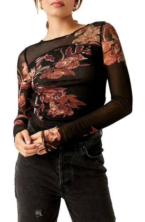 Free People Betty's Garden Mesh Top | Nordstrom Sheer Tops For Women, T Shirts Aesthetic, Aesthetic Tops, Y2k Outfit Ideas, Mesh Long Sleeve Top, Fall Blouse, Cropped Long Sleeve Top, Summer Streetwear, Vintage Crop Tops