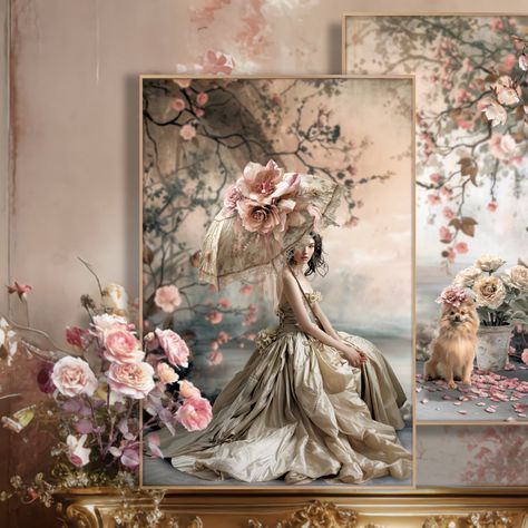 Lady & The Pomeranian, Elegant Dreamy Floral, Vintage inspired Portrait, Printable Diptych, Large Wall Art Set, Matching Furniture Decoupage Furniture Decoupage, Decoupage Paper Printable, Portrait Fine Art, 2020 Vision, Matching Furniture, Art Attack, Wall Paintings, Paper Printable, Pink Decor