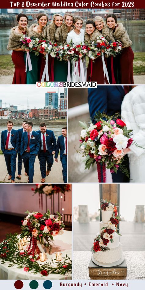 20+ Best December Wedding Colors Combos Ideas - ColorsBridesmaid Navy Blue Emerald Green Burgundy Wedding, December Wedding Bridesmaid, Winter Wedding Burgundy And Navy, Navy Burgundy Gold Emerald Wedding, Red Blue Green Wedding Color Palettes, December Wedding Ideas Color Combos, Army Wedding Colors, Christmas Wedding Bridesmaids Dresses Red And Green, December Wedding Colors