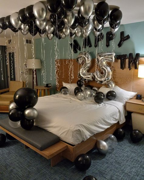 Hotel Balloon Decoration Birthday, Black Birthday Hotel Decor, Black And Silver Mens Birthday, Black And Silver Birthday Decorations Hotel, Black And Gold Hotel Room Birthday Decorations, Hotel Room Balloon Decor, Balloon Hotel Decorations, Hotel Birthday Parties For Men, Happy Birthday Hotel Room Decor For Him