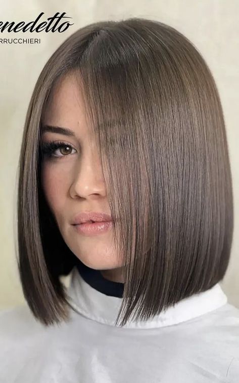 Short Haircut For Small Face For Women, Ashy Brown Bob Hair, Brunette Bob Straight Hair, Medium Hair Bob, Short Bob Highlights, Dark Brown Bob Straight, Hair Up Tutorial, Dark Brown Bob Curtain Bangs, Sleek Brunette Bob