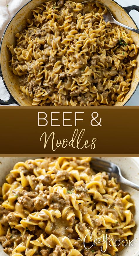 beef and noodles in a skillet Easy Beef And Noodles Recipe, Beef And Mushroom Recipe, Beef Pasta Recipes, Ground Beef Pasta, Cream Of Mushroom Soup, Beef Casserole Recipes, Noodle Casserole, Cream Of Mushroom, Dinner With Ground Beef