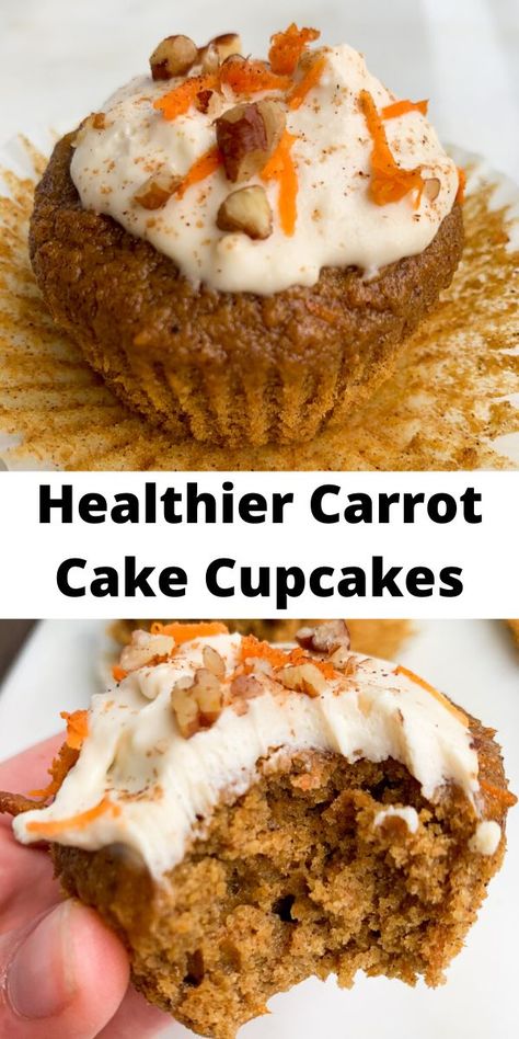 Healthy Carrot Cupcakes, Carrot Cake Cupcakes Healthy, Healthier Carrot Cake, Healthy Easter Dessert, Healthy Cream Cheese Frosting, Healthy Carrot Cake Muffins, Noom Recipes, Healthy Cream Cheese, Sugar Carrots