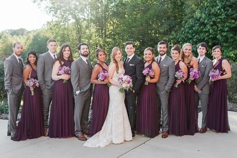 September Wedding: Plum Bridesmaid Dresses Paired with Grey Men's Suits - ColorsBridesmaid Plum Wedding Dresses, Fall Running, Running Hare, Plum Bridesmaid, Vineyard Weddings, Plum Bridesmaid Dresses, Weddings Idea, White Bridal Gown, Plum Wedding