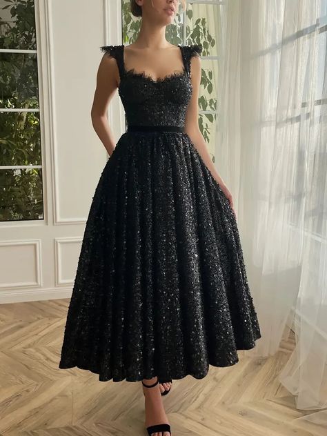 Sequined Aline Ruffle Hem Dress Vintage Sleeveless Swing - Temu Sweetheart Neck Dresses, Plus Size Vintage Dresses, Black Spaghetti Strap Dress, Graduation Party Dresses, Black Homecoming Dress, Vintage Black Dress, Homecoming Dresses Long, Party Kleidung, Dress Women Elegant