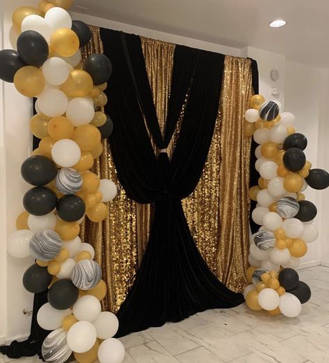 Black And Gold Draping Backdrop, Senior Banquet, 50th Birthday Party Ideas For Men, Drape Backdrop, Gold And Black Background, Curly Pixie Hairstyles, Event Business, 50 Birthday, Gold Backdrop