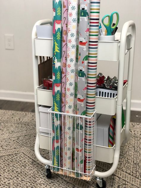 DIY Gift Wrap Storage Cart - Organized-ish Storing Gift Wrap Organizing Ideas, Gift Wrapping Organization Ideas, Wrapping Paper Storage Cart, Gift Wrap Cart Diy, Gift Wrapping Station Ideas Spaces, Gift Wrapping Station Diy, Wrapping Paper Cart, Diy Cleaning Cart, Gift Wrap Station Ideas