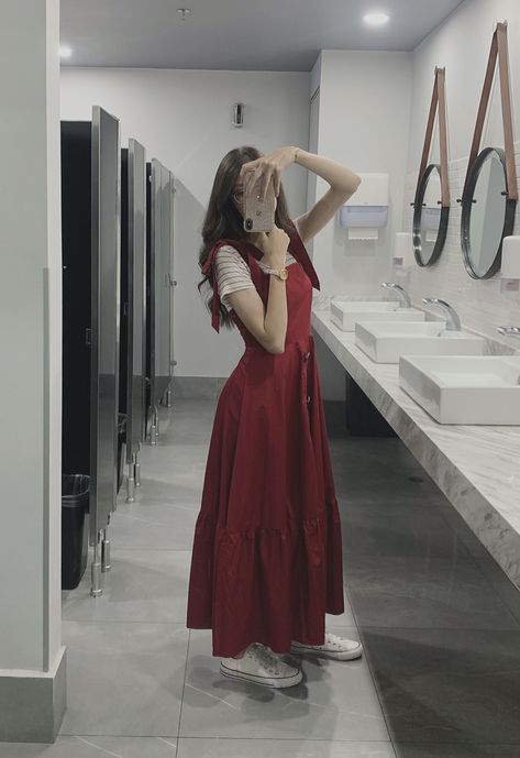 Red casual Long dress Long Dress Ootd, Modest Yet Stylish Outfits, Long Cute Dresses Casual, Modest Red Outfits, Red Modest Outfit, Pose With Long Dress, How To Pose With Long Dress, Modest Dresses Casual Elegant, Long Dress Aesthetic Casual