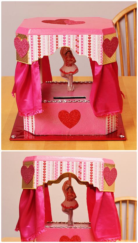 My Daughter Hayley's Valentine's Box for 2014. She is a competitive dancer and wanted a stage w/ a dancer for her box. This is what we came up with. The ballerina on the stage just happens to be a photo of her we took and cropped down & did a mirror image so when she spins the ballerina on the inside it has a front and back. Probably my favorite box we've done yet!!!! <3 #valentinebox #Dance #lovetodance Ballerina Valentines Boxes, Dance Valentine Box Ideas, Valentine’s Day Box Ideas For School Taylor Swift, Music Valentine Box Ideas, Dancer Valentines Box Ideas, Gymnastics Valentines Day Boxes, Stella Costume, Valentine’s Day Box Unicorn, Vday Crafts