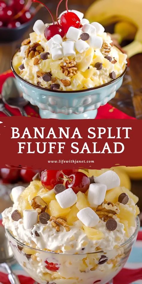 Banana Split Fluff Salad Manderine Orange Fluff, Banana Split Fluff Salad Recipes, Spaghetti Fruit Salad, Cowboy Fruit Salad, Easy Fluff Recipes, Thanksgiving Cute Snacks, Fruit Salad Recipe With Vanilla Pudding, Thanksgiving Fluff Salad Recipes, Fruit Salad With Bananas