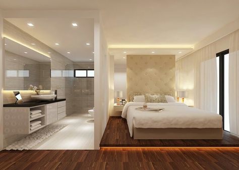 Bathroom Inside Bedroom, Open Plan Bedroom Ensuite, Open Bathroom Concept, Hotel Theme, Bathroom Decor Modern, Common Bathroom, Theme Bathroom, White Bedroom Ideas, Bedroom With Bathroom