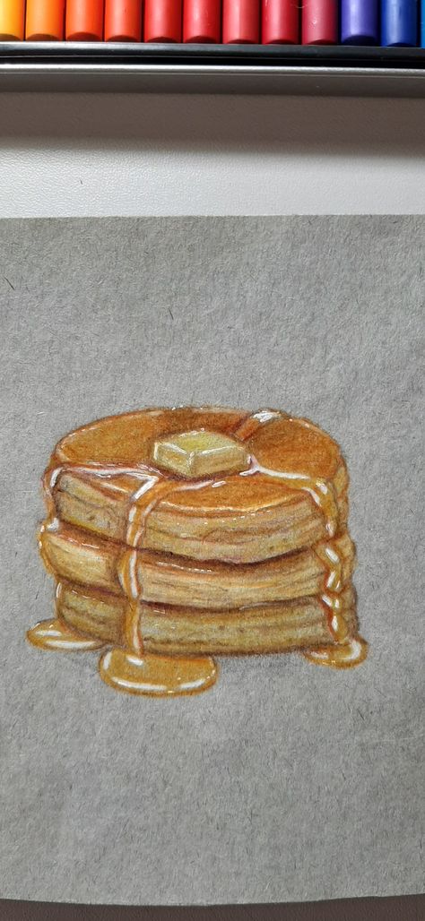 Pancake Drawing Realistic, Drawing Of Pancakes, Breakfast Ideas Drawing, Pancake Painting Acrylic, Pancake Drawing Easy, Pancake Sketch, Realistic Food Drawings, Drawing Ideas Colored Pencil Easy, Crepe Drawing