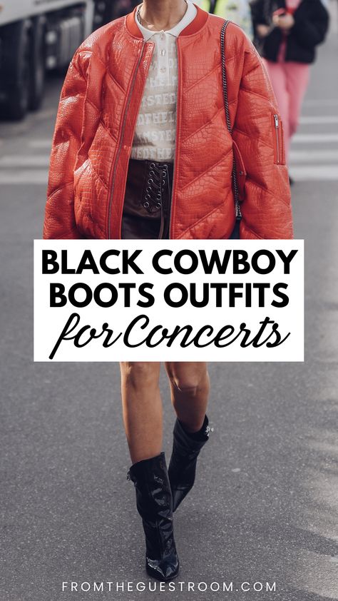 a woman wears black cowboy boots for concert, western outfits Cowboy Boots With Skirt, Dress Black Cowboy Boots, Boots Outfit Concert, Cowboy Boots With Shorts, Boots With Skirt, Outfits For Concerts, Short Cowboy Boots Outfit, Red Cowboy Boots Outfit, Cowboy Boots Women Outfits