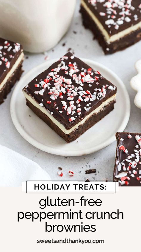 Our Gluten-Free Peppermint Crunch Brownies (aka Christmas Brownies or Peppermint Bark Brownies!) are made with layers of chewy gluten-free brownies, peppermint frosting, an easy chocolate ganache & crunchy bits candy cane! They're the perfect gluten-free brownies for the holidays. Try adding them to a gluten-free cookie exchange or holiday treat plate for a little extra holiday cheer! Peppermint Bark Brownies, Gluten Free Christmas Treats, Brownies Christmas, Peppermint Brownies Recipe, Gluten Free Desserts Holiday, Crunch Brownies, Gluten Free Pumpkin Bars, Gluten Free Christmas Desserts, Peppermint Frosting