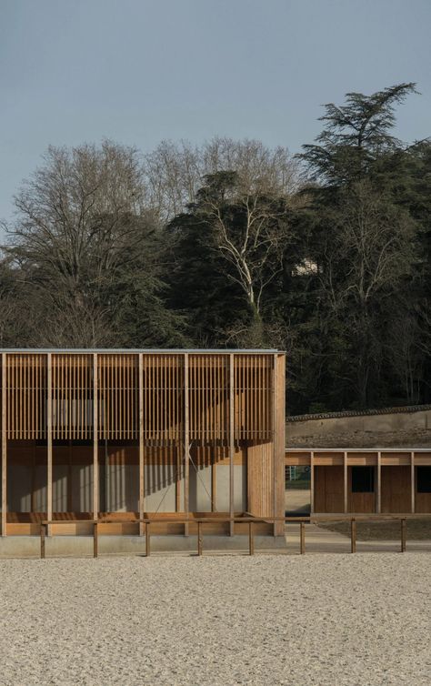 F+G Architectes creates "deliberately restrained" timber stable near Lyon Modern Rural Architecture, Rural Architecture Design, Modern Stables Horses, Stables Architecture, Timber Exterior, Rural Architecture, Wood Facade, Wooden Facade, Timber Architecture