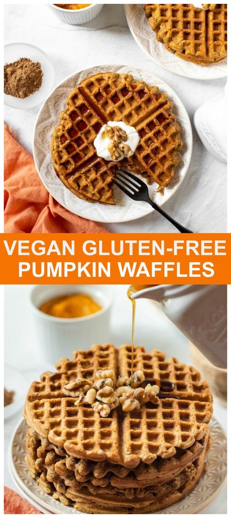 These Vegan Pumpkin Waffles are everything you want in a breakfast! They are full of pumpkin spices, pumpkin puree, made with whole grain oat flour and are gluten-free and oil-free! #vegan #pumpkin #waffles #glutenfree #oilfree