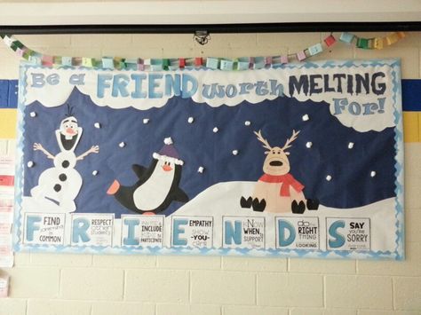 "Be a friend worth melting for" frozen olaf bulletin board - school nurse friendship board! Olaf Bulletin Board, Winter Library, Friendship Board, Snowman Bulletin Board, School Library Bulletin Boards, December Bulletin Boards, Office Bulletin Boards, Holiday Bulletin Boards, Christmas Bulletin Boards