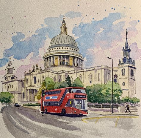 Watercolor And Pen Art Landscape, Urban Sketchers Beginner, Ink And Watercolor Art Landscape, City Drawing Watercolor, Aesthetic Watercolor Art Ideas, Ideas For What To Draw, Sketchbook Drawing Ideas, Watercolor London, Watercolor Buildings