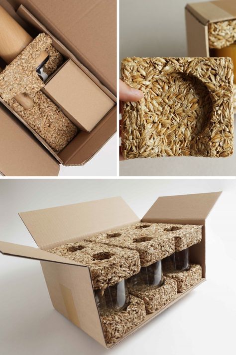 German Company Introduces Biodegradable Packaging Alternative Made from Grain Husks. Learn More! Biodegradable Packaging Design, Biomimicry Packaging, Bio Degradable Packaging, Packaging Insert Ideas, Recycled Packaging Ideas, Wood Packaging Design, Eco Design Product, Biomaterials Design, Innovative Products Ideas