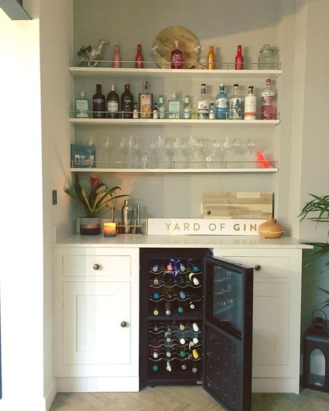 Home Bar Alcove, Gin Room, Bar With Wine Fridge, Gin Collection, Alcove Cabinets, Alcove Storage, Alcove Cupboards, Quartz Worktop, Alcove Shelving