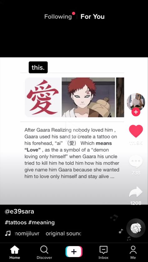 Garra Tattoo Naruto Meaning, Gara Tattoo Meaning, Gara Love Tattoo, Gara Tattoos Naruto, Love Japanese Tattoo, Gara Tattoos, Forehead Tattoo, Gaara Tattoo, Japanese Tattoo Words