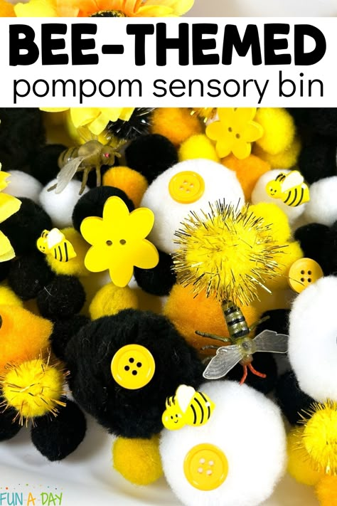 This colorful bee sensory bin is so easy to put together, and you can tweak it based on the materials you have on-hand. Let kids explore language skills, math, and sensory play with this pompom sensory tub. Pair it with your favorite bee-themed book during your next insect or bee theme. Click on the Fun-A-Day.com link for more information. Bee Sensory Table, Bumble Bee Sensory Bin, Bee Sensory Bin, Rhyme Songs, Preschool Theme Activities, Bumble Bee Craft, Bee Games, Toddler Party Games, Bee Craft