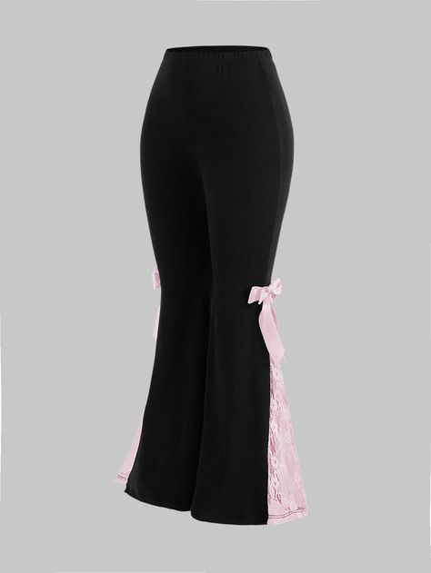 Black Elegant Collar  Polyester Colorblock Flare Leg Embellished Medium Stretch  Women Clothing Ruffle Bottom Pants, Flare Pants Drawing, Diy Flared Pants, Purple Flare Pants Outfit, Pink Outfits School, Black And Pink Clothes, Cute Flare Pants, Coquette Pants, Kawaii Pants