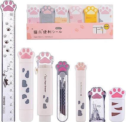 Amazon.com : 8 Pcs Cute Cat Paw Stationery Set Kawaii School Supplies Including Pencil Sharpener Retractable Eraser Correction Tape Sticky Notes Ruler Mini Scissors Utility Knife for Cat Lovers Students (White) : Office Products Cat School Supplies, School Supplies Target, Mini Scissors, Scissors Design, Kawaii School, Cute Stationary School Supplies, Kawaii School Supplies, Kawaii Pens, Chill Room