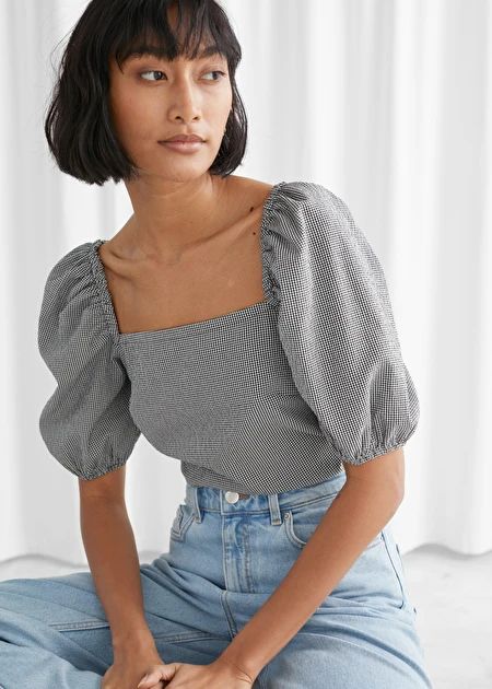 Linen Blend Puff Sleeve Top - Black Checks - Tops - & Other Stories Plain White T Shirt, Check Tops, Straight Clothes, 가을 패션, Puff Sleeve Top, Fashion Story, Linen Clothes, Looks Vintage, Outfits Casuales